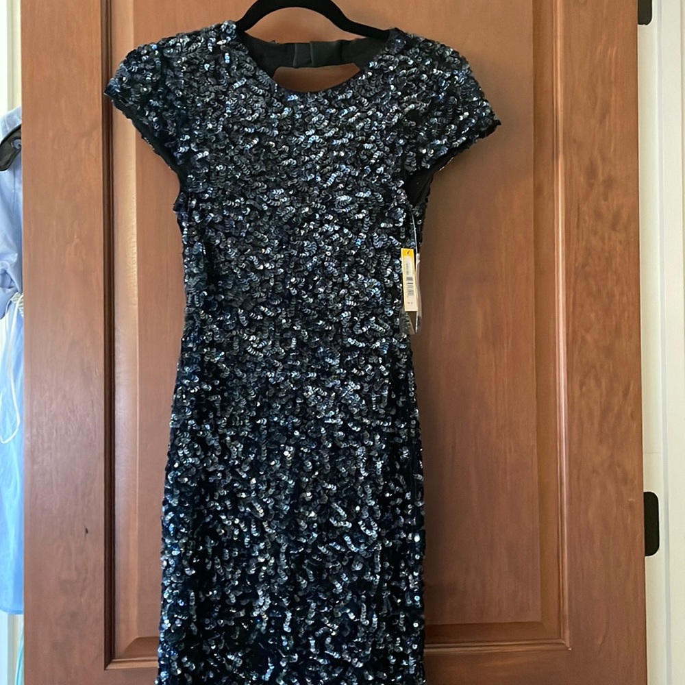 Alice + Olivia Open Back Sequin Dress in Navy Blue